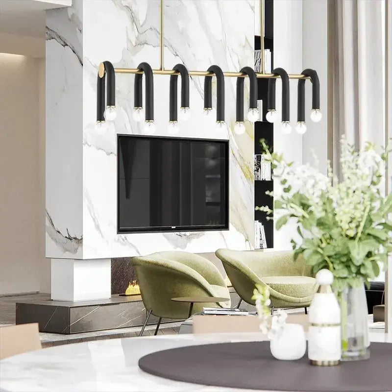 Modern black and brass aluminum tube dimmable chandelier with exposed bulbs for dining room decorbites black aluminum design