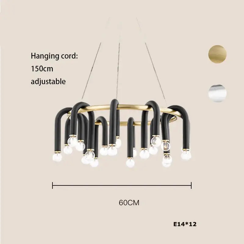 Modern black and brass aluminum tube dimmable chandelier with twelve exposed e14 bulbs for dining room decorbites black aluminum