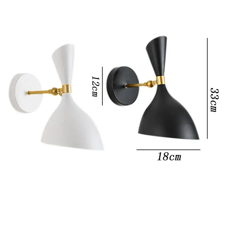 Modern black and brass industrial wall lamp with sleek conical shade in matte black and polished brass hardware decorbites black white