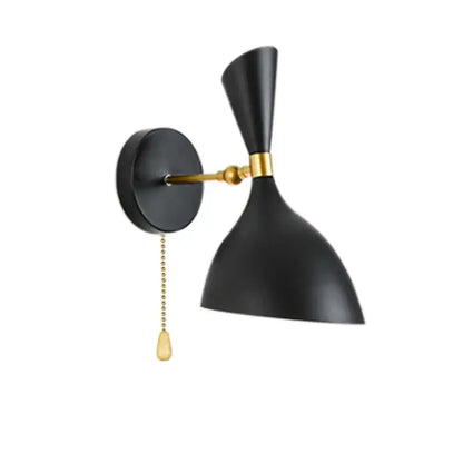 Modern black and brass industrial wall lamps with matte finish and gold-toned chain pull switch for living room decorbites black white