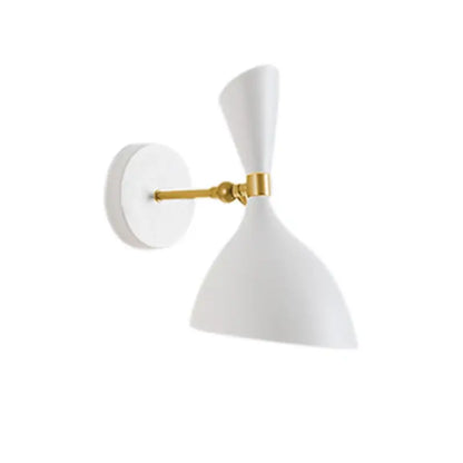 Modern black and brass industrial wall lamp with white matte conical shade and polished brass arm for living room decorbites black white
