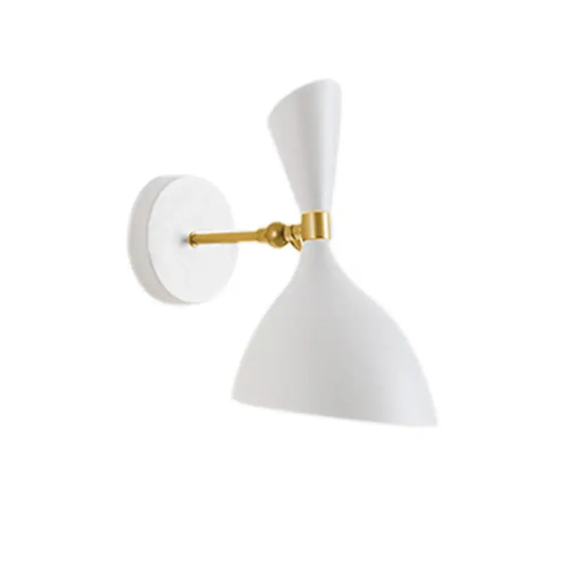 Modern black and brass industrial wall lamp with white matte conical shade and polished brass arm for living room decorbites black white