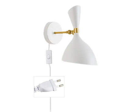 White wall-mounted lamp with gold articulated arm and conical shade black white nordic wall lamps decorbites black white