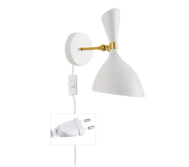 White wall-mounted lamp with gold articulated arm and conical shade black white nordic wall lamps decorbites black white