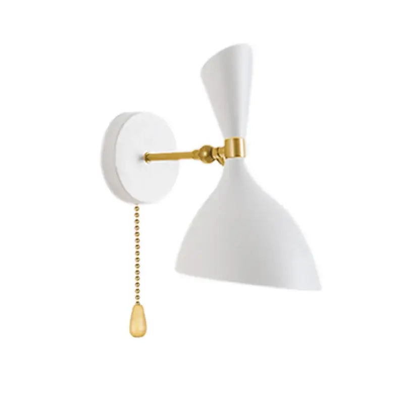 Modern black and brass industrial wall lamps featuring a white matte wall sconce with gold pull chain and teardrop pendant decorbites black white