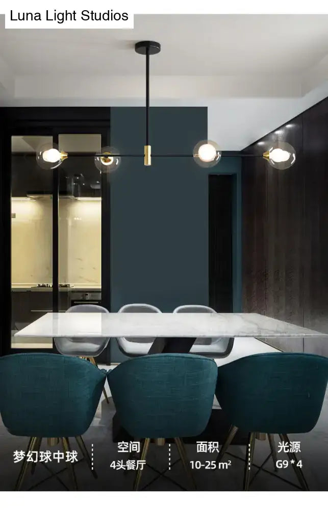 Modern black and brass metal island pendant with four glass bulbs and chain cord length for dining room chandelier