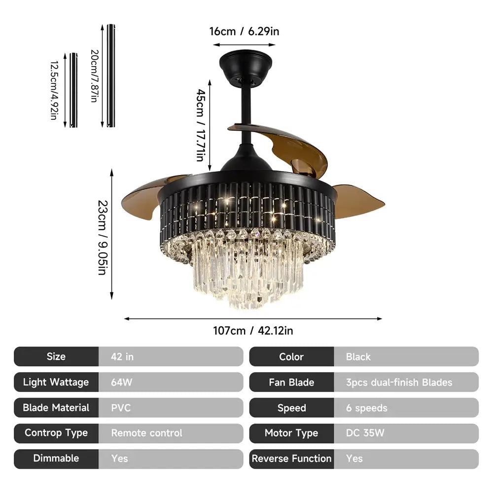 Modern black and bronze decorbites crystal fandelier ceiling fan with dual-finish blades and crystal chandelier pendant for living room