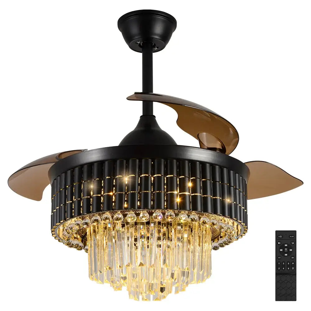 Modern black wrought iron ceiling fan with bronze blades and decorbites crystal fandelier ceiling light for living room decor