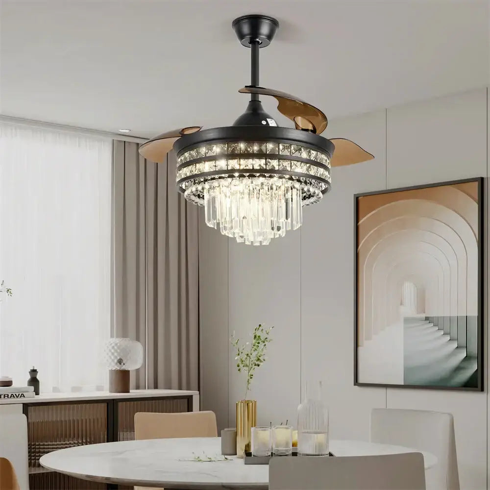 Modern black and bronze crystal fandelier ceiling fan with wooden blades and crystal accents for living room decorbites ceiling fan