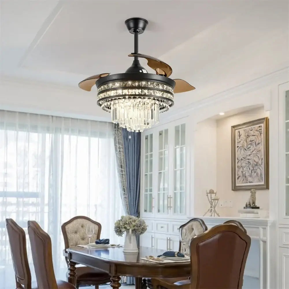 Modern black and bronze decorbites crystal fandelier ceiling fan with wooden blades and wrought iron decor for living room