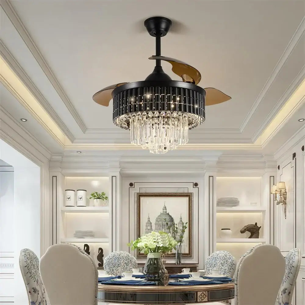 Modern black and bronze crystal fandelier ceiling fan with gold-toned blades for stylish living room decorbites ceiling fan