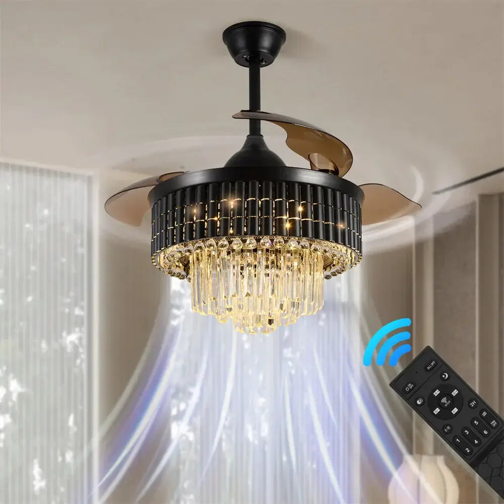 Modern black and bronze decorbites crystal fandelier ceiling fan with wrought iron and crystal accents for living room decor
