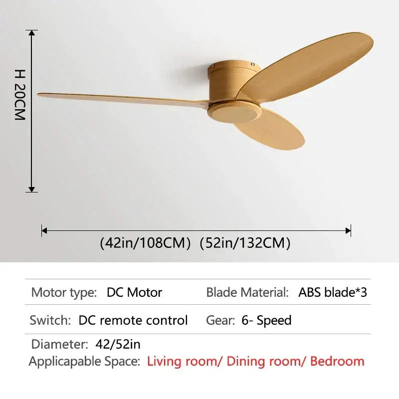Minimalist ceiling fan with three light wood abs blades and wooden motor housing for decorbites black modern remote control use