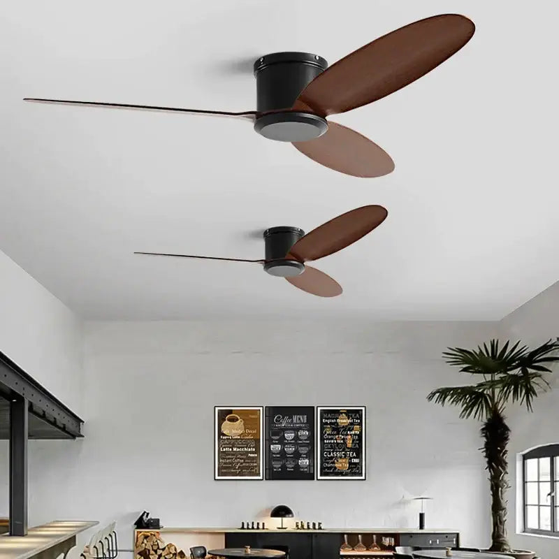 Modern black and brown ceiling fan with remote control featuring sleek motor housings and warm wooden blades for living room decorbites black modern