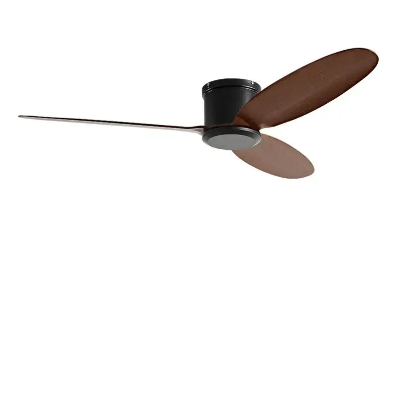 Modern black and brown ceiling fan with remote control featuring sleek black motor housing and three matte wooden blades by decorbites black modern