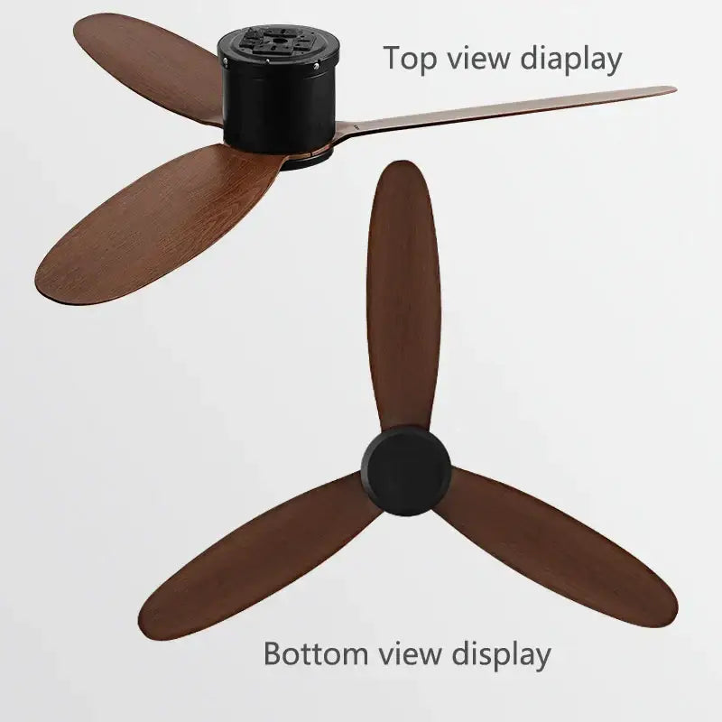 Modern black and brown ceiling fan with remote control featuring three dark brown wooden blades and black motor housing by decorbites