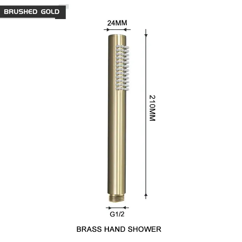 Modern black and brushed golden handheld shower head with brushed gold brass finish and sleek cylindrical design