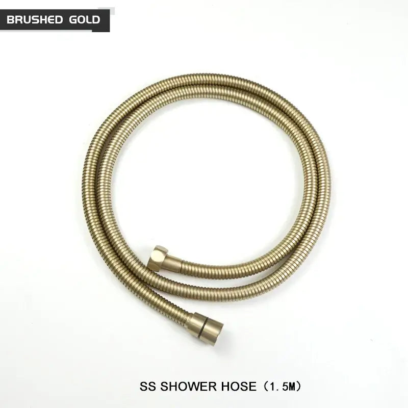 A 1.5-meter stainless steel shower hose with brushed golden finish and ribbed texture for handheld shower head