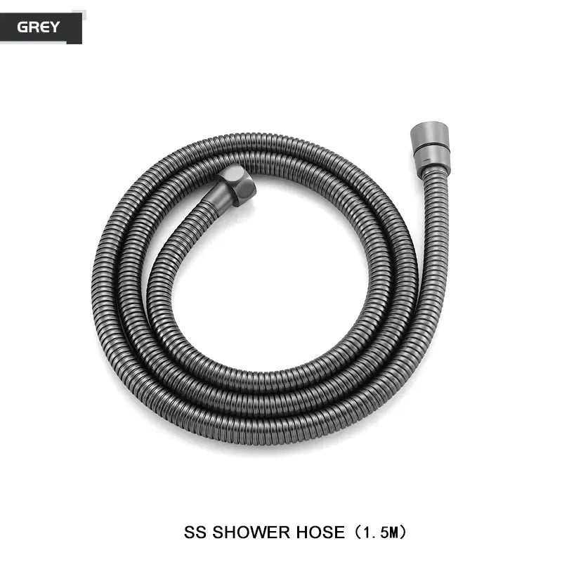 A sleek 1.5 meter stainless steel shower hose with ribbed texture for modern black and brushed golden handheld shower head