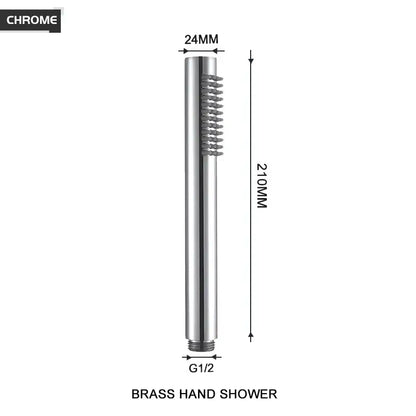 Chrome-finished brass handheld shower head with sleek cylindrical design and integrated spray nozzle in brushed golden finish