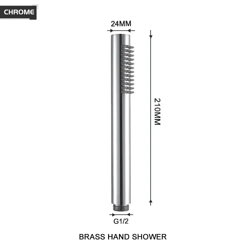 Chrome-finished brass handheld shower head with sleek cylindrical design and integrated spray nozzle in brushed golden finish