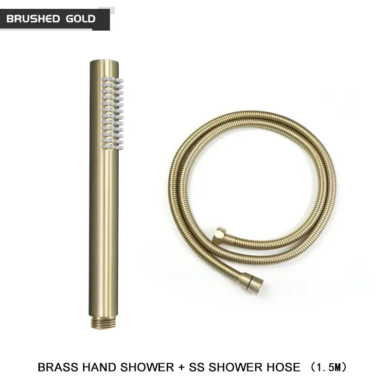 Brushed golden finish handheld shower head with sleek cylindrical design and multiple nozzles for bathroom jet use