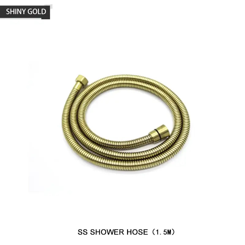 Shiny gold flexible shower hose with brass fittings for modern black and brushed golden finish handheld shower head