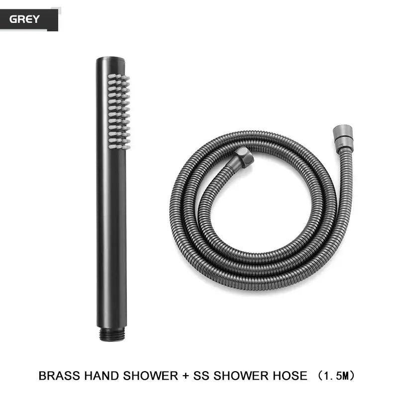 Modern black and brushed golden handheld shower head with textured bristle spray head and flexible stainless steel hose