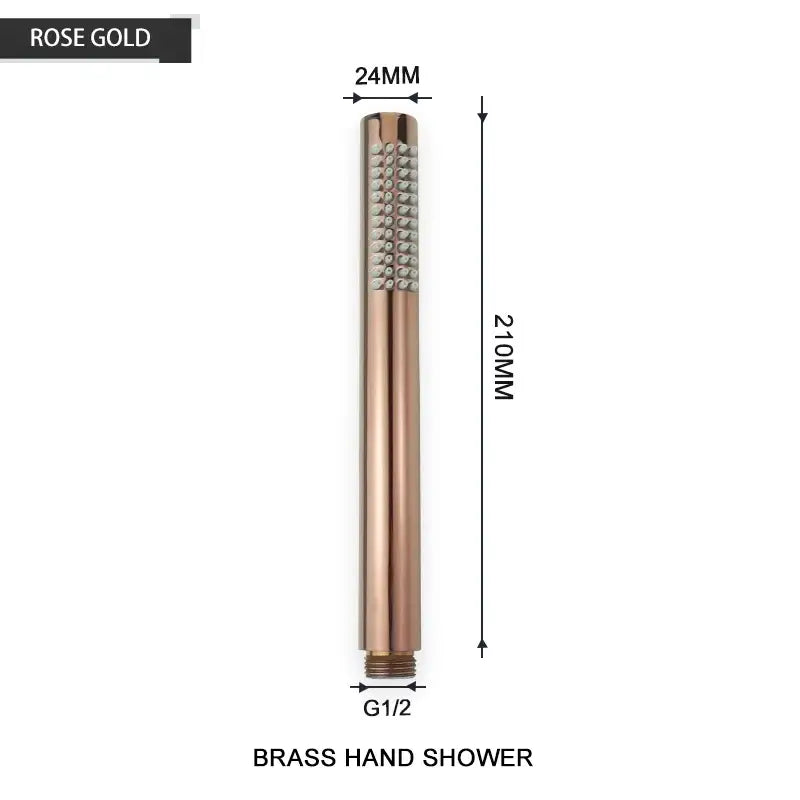 Modern black and brushed golden handheld shower head with rose gold brass textured diamond-patterned spray head and sleek body