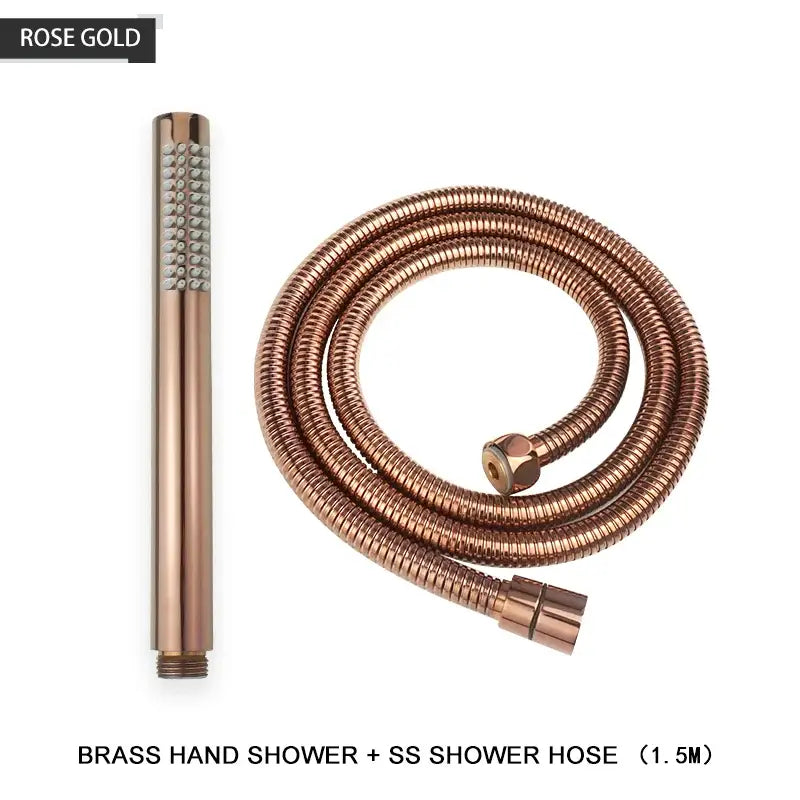 Modern black and brushed golden handheld shower head with rose gold brass and textured spray head with flexible hose