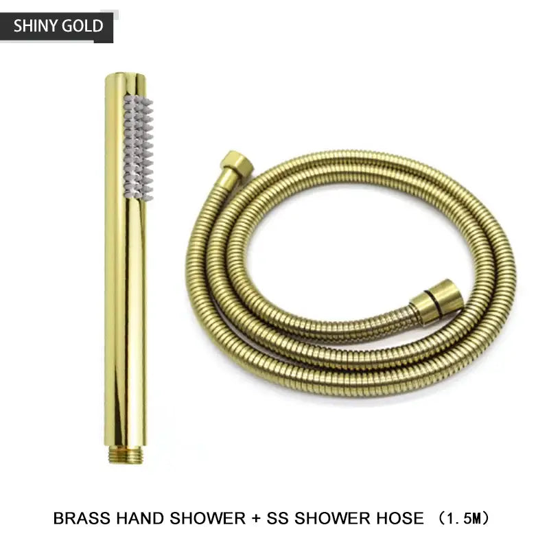Modern black and brushed golden handheld shower head featuring a shiny gold brass finish with textured spray head and flexible hose