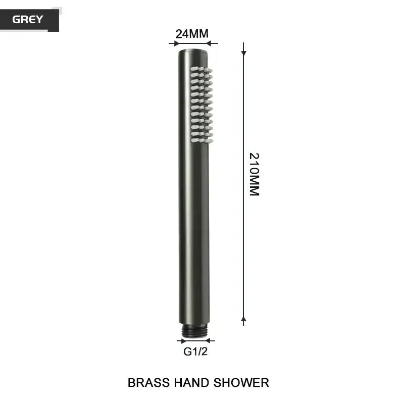 Modern black and brushed golden handheld shower head with grey brass cylindrical design and fine spray nozzles