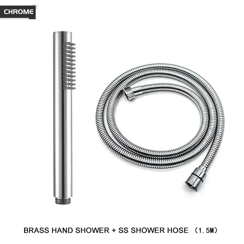 Modern black and brushed golden handheld shower head with chrome-finished brass body and flexible stainless steel hose