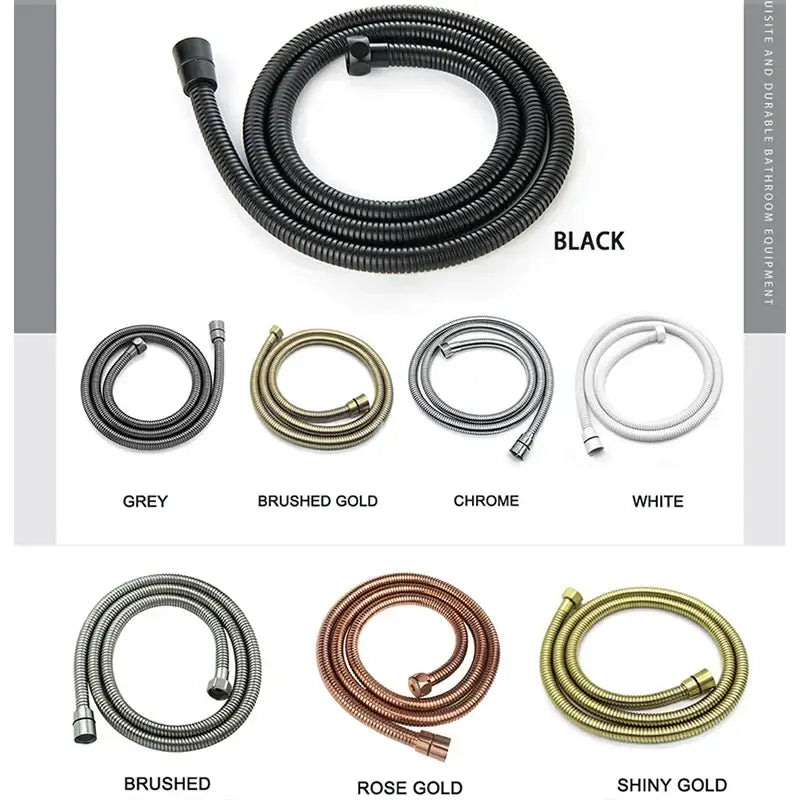 Black flexible shower hose with ribbed texture and metallic connectors for modern handheld shower head with brushed golden finish