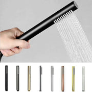 Modern black handheld shower head with matte finish and multiple water jets featuring brushed golden accents