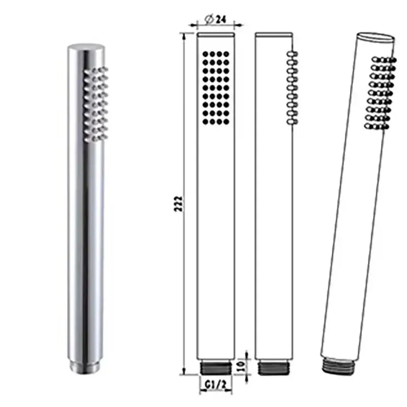 Chrome-finished shower head with sleek cylindrical design and multiple spray nozzles for modern handheld use