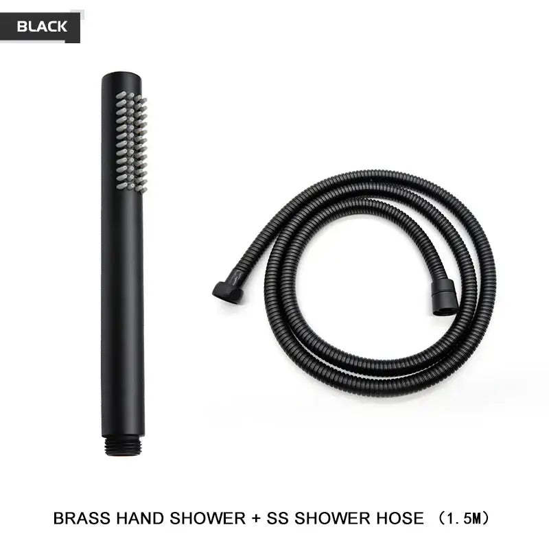 Modern black and brushed golden handheld shower head with textured bristle spray head and flexible stainless steel hose