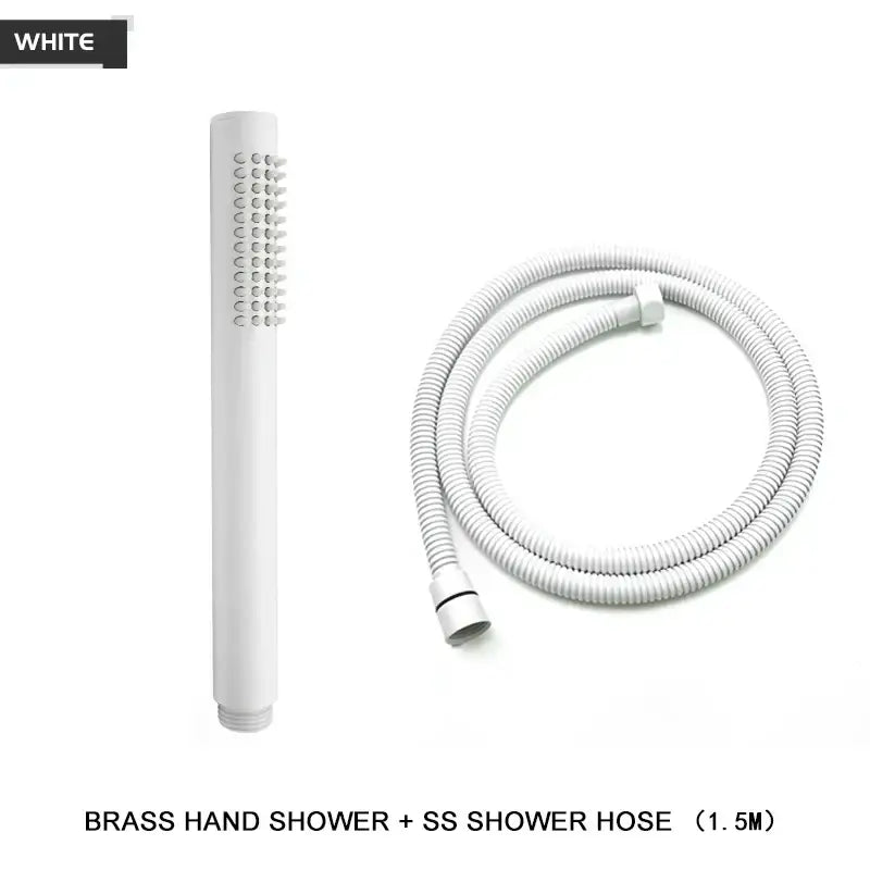 White brass handheld shower head with brushed golden finish and multiple nozzles paired with stainless steel hose