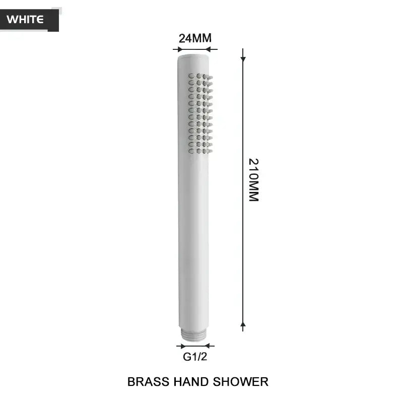 White brass handheld shower head with sleek cylindrical design multiple spray nozzles and brushed golden finish