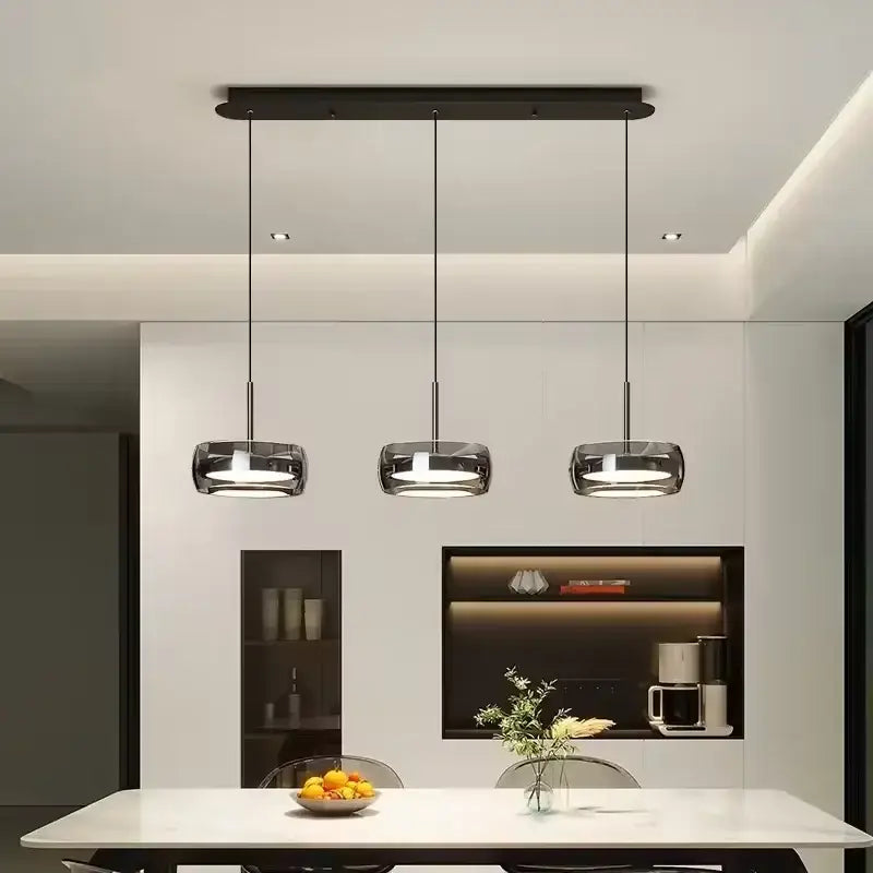 Modern black and chrome pendant light with three chrome pendant lights and remote control for dining table use