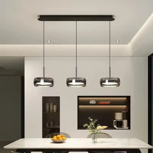 Modern black and chrome pendant light with three chrome pendant lights and remote control for dining table use