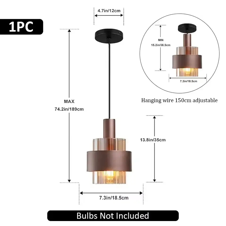 Modern copper-toned tiered pendant light with clear glass accents and black ceiling mount for dining table remote control use