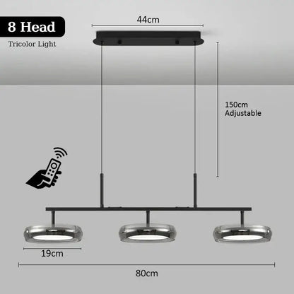 Modern black and chrome pendant light with eight tricolor led heads and remote control for dining table use