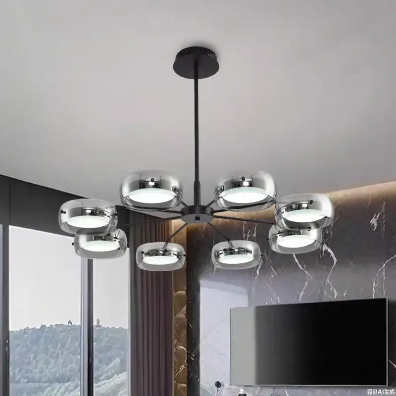 Modern black and chrome pendant light with six glass shades and remote control for dining table illumination