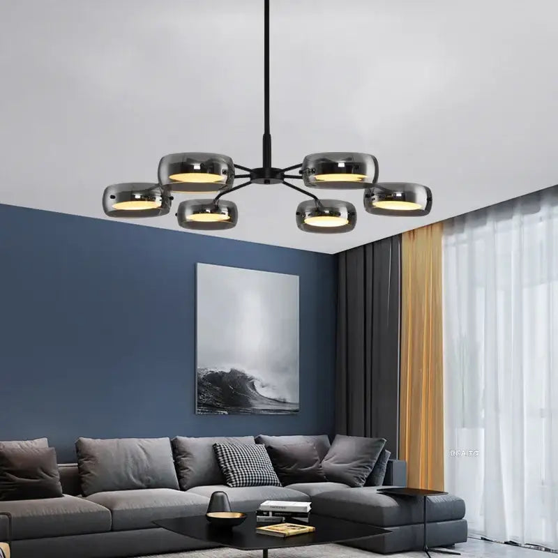 Modern black metal pendant light with six circular glass shades and remote control ideal for dining table lighting