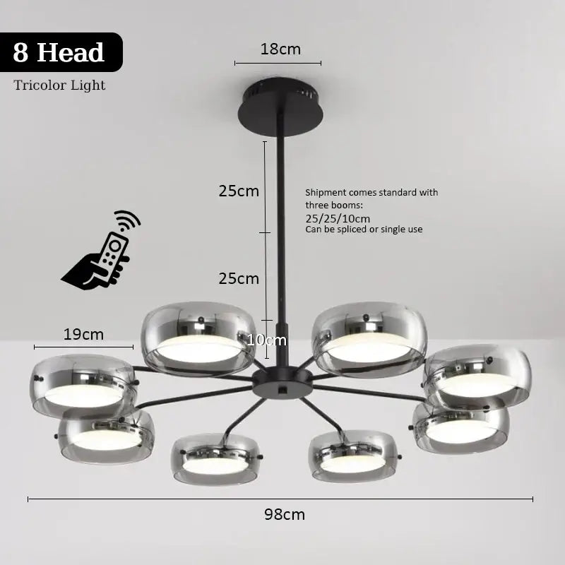 Modern black metal pendant light with eight chrome glass globes and tricolor led remote control for dining table use