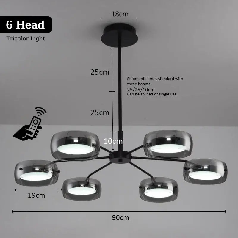 Modern black and chrome pendant light with six chrome glass shades and tricolor led lighting for dining table remote control