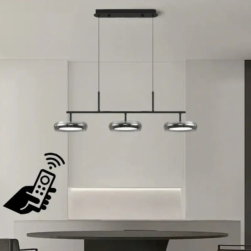 Modern black and chrome 3-light pendant light with circular bulbs and remote control for dining table lighting