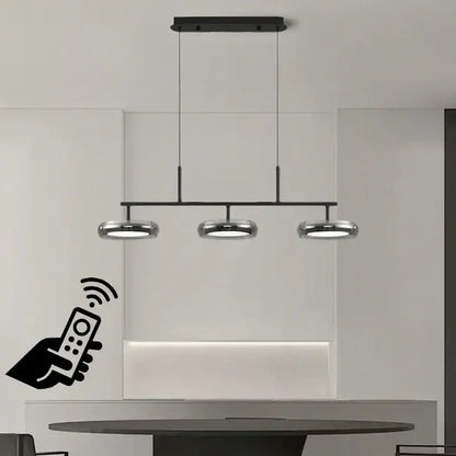 Modern black and chrome 3-light pendant light with circular bulbs and remote control for dining table lighting