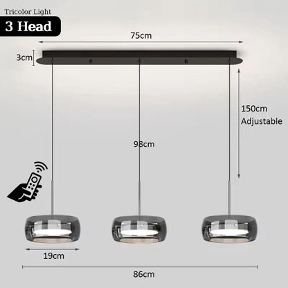 Modern black and chrome 3-light pendant light with remote control and adjustable spherical bulbs for dining table use